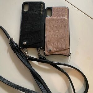 2 Bandolier iPhone X/XS Max Crossbody. Pink/Blk pebble leather w/ silver